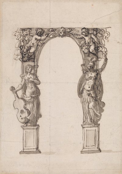Design for a Temporary Arch Ornamented with Putti and Allegorical Figures of Music and War by Inigo Jones